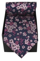 Soprano Navy, Pink, Fuchsia Flowers Silk Tie & Pocket Square Set In A Gift Box