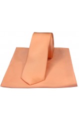 Soprano Peach Satin Silk Thin Tie and Pocket Square