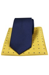 Soprano Plain Navy Silk Tie with Gold Polka Dot Silk Hanky
