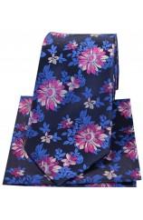 Posh & Dandy Navy Blue Fuchsia Floral Silk Tie & Hanky Set