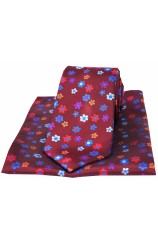 Posh And Dandy Claret Ground Multi Coloured Flowers Silk Tie And Pocket Square