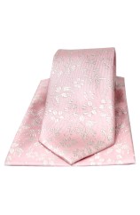 Soprano Pastel Pink With Ivory Flowers Silk Tie And Pocket Square