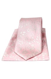 Soprano Pastel Pink With Ivory Flowers Silk Tie And Pocket Square