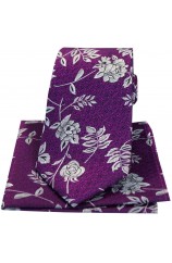 Soprano Purple Flower And Leaf Silk Tie And Hanky Set