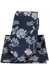 Soprano Navy Flower And Leaf Silk Tie And Hanky Set