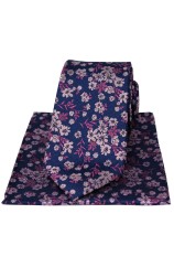 Soprano Navy Ground Pink And Fuchsia Flowers Silk Tie And Hanky