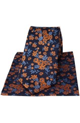 Soprano Navy Ground Blue And Burnt Orange Flowers Silk Tie And Hanky