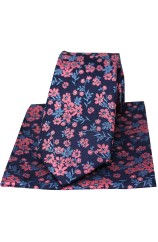 Soprano Navy Ground Blue And Fuchsia Flowers Silk Tie And Hanky