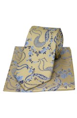 Soprano Light Gold Floral Pattern Silk Tie & Pocket Square