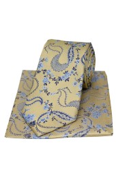 Soprano Light Gold Floral Pattern Silk Tie & Pocket Square