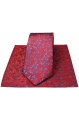 Soprano Red With Small Blue Flowers Silk Tie & Hanky