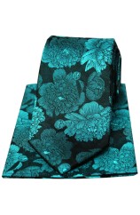 Soprano Turquoise And Teal Large Flowers Silk Tie And Hanky Set