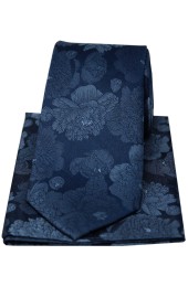Soprano Large Blue Flowers Luxury Silk Tie And Hanky Set