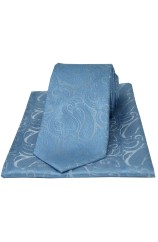 Soprano Sky Blue Tonal Paisley Silk Tie And Pocket Square