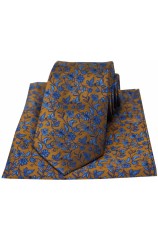 Soprano Dark Gold With Small Blue Flowers Silk Tie & Pocket Square