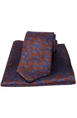 Soprano Burnt Orange With Small Blue Flowers Silk Tie And Pocket Square