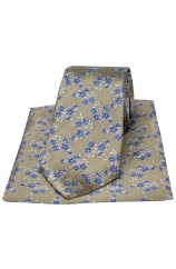 Soprano Tan With Blue Small Flowers Silk Tie And Hanky Set
