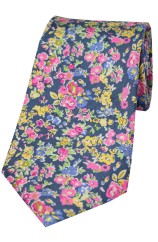 Navy With Small Multi Coloured Flowers Posh & Dandy Silk Tie 