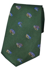 Soprano Fishing Themed Silk Tie On Racing Green Ground