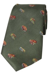 Soprano Fishing Flies On Country Green Ground Country Silk Tie