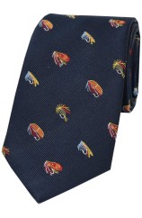 Soprano Fishing Flies On Navy Blue Ground Country Silk Tie