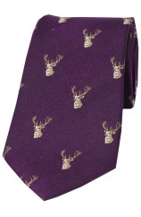 Soprano Stags Heads On Purple Ground Country Silk Tie