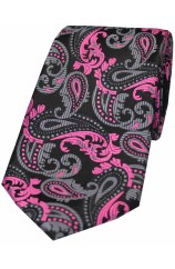 Soprano Fuchsia Black and Grey Paisley Silk Tie