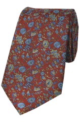 Soprano Dark Autumn Rust Silk Tie with Bronze and Blue Small Flowers