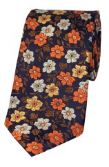 Soprano Dark Navy Ground With Orange, Bronze, Ivory Flowers and Brown Leaves Pattern Silk Tie