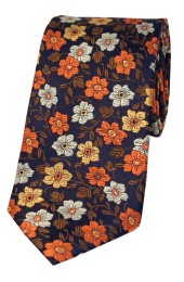 Soprano Dark Navy Ground With Orange, Bronze, Ivory Flowers and Brown Leaves Pattern Silk Tie