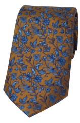 Soprano Dark Gold With Small Blue Flowers Silk Tie