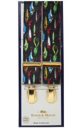 Erwin & Morris Made In UK Black Fly Fishing 35mm Gilt 4 Clip X Back Braces