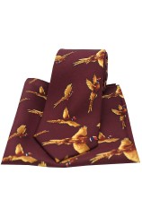 Soprano Flying Pheasants Wine Ground Country Silk Tie and Pocket Square