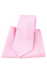 Soprano Pink and Sky Blue Polka Dot Silk Tie And Pocket Square