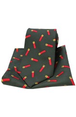 Soprano Shotgun Cartridges On Dark Green Ground Country Silk Tie and Pocket Square