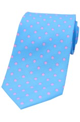 Soprano Sky Blue with Pink Polka Dots Mens Printed Silk Tie